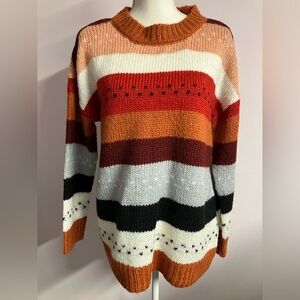 Women’s Pullover Crew Sweater, Small, Multicolored, Oversized, Striped Knit